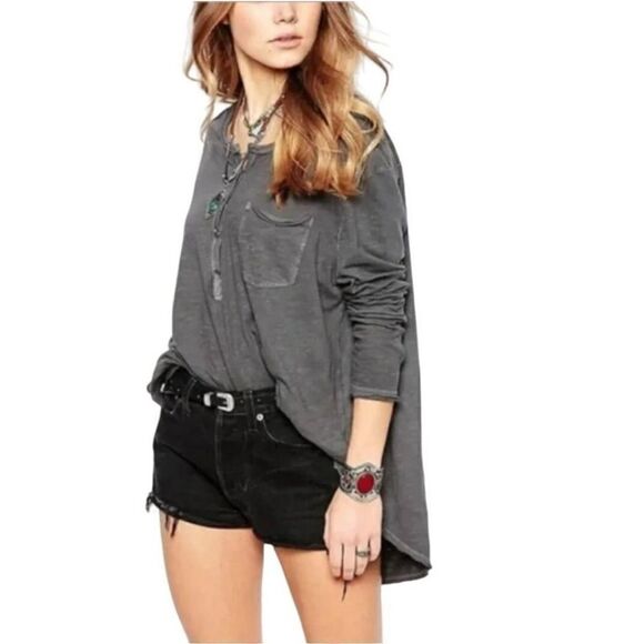 Free People Charcoal Grey Frontier Slub Long Sleeve Henley Top Size S - Picture 1 of 7